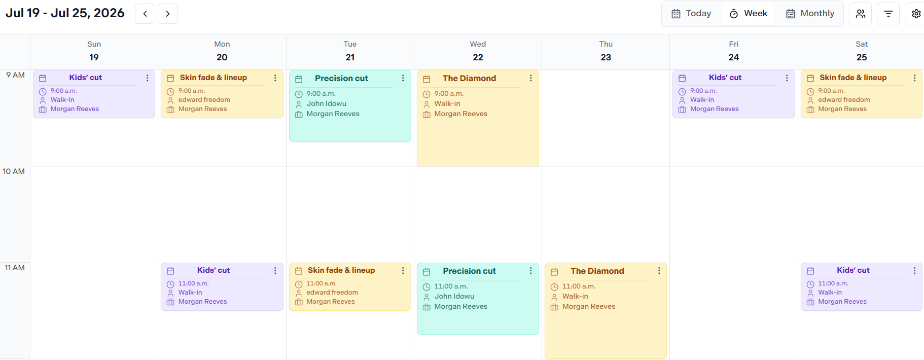 Nuvoro weekly appointments calendar with service bookings